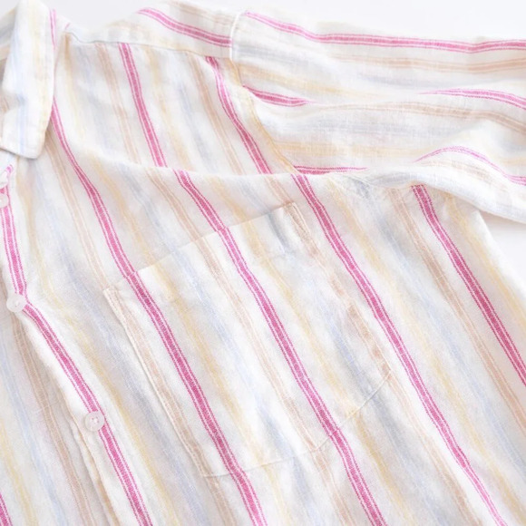 Gap Cream w Pink Stripe 55%  Linen Button Up Lightweight Dress Shirt Size XL - Picture 10 of 11